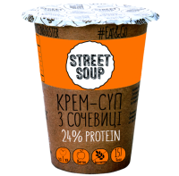 Крем-суп Street Soup з сочевиці 50г. Склад: суха червона сочевиця (92.9%), морська сіль, часник сухий, цибуля суха, імбир, томат сухий, коріандр. Калорійність в 100г продукту: 314 ккал. Харчова (пожив