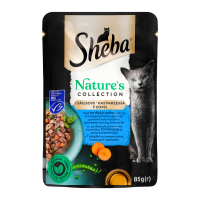 Корм консервований Sheba Nature`s Collection З тунцем лляною олією й горошком у соусі для дорослих котів 85г. Склад: м`ясо та продукти тваринного походження (94% натурального походження), риба та рибн
