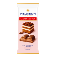 Шоколад Millennium La Creme Edition молочний з кремовою начинкою зі смаком Тірамісу 100г. Склад: шоколад молочний [цукор, какао-масло, молоко незбиране сухе, какао терте, молоко знежирене сухе, сирова