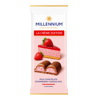 Шоколад Millennium La Creme Edition молочний з кремовою начинкою зі смаком Полуничний Чізкейк 100г. Склад: шоколад молочний [цукор, какао-масло, молоко незбиране сухе, какао терте, молоко знежирене су