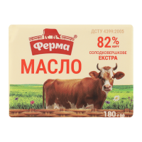 Ферма Масло солодковершкове Екстра 82% 180г. Склад: вершки з коров`ячого молока. Енергетична цінність продукту: 3056кДж/100г, 743ккал/100г. Поживна (харчова) цінність продукту: білки - 0.5г/100г, жири