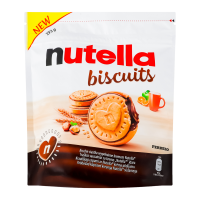 Печиво Nutella Biscuits з начинкою із горіхової пасти та какао 193г. Склад: горіхова паста з какао 40% (цукор, олія пальмова, лісові горіхи 13%, молоко сухе знежирене 8.7%, знежирений какао-порошок 7.