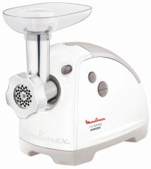 М'ясорубка Moulinex, 2000Вт, 2.6кг/хв, 2 решітки, насадка для ковбас, кеббе, томатів, 5 терок, пластик, біло-сірий