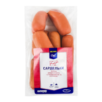Сардельки Metro Chef З яловичиною та молоком варені вищий сорт кг. Склад: м`ясна сировина 90.2% (свинина знежилована, нежирна, свинина знежилована напівжирна, яловичина знежилована в/с 22%, свинина зн