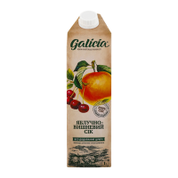 Сік Galicia яблучно-вишневий неосвітлений 1л. Склад: сік яблучний (80%), сік вишневий (20%). Калорійность на 100мл продукту: 168 кДж (39 ккал). Поживна цінність на 100мл продукту: білки - 0.5г, вуглев