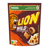 Сніданок сухий Lion Wild злакові подушечки з шоколадом з вітамінами та залізом 350г. Склад: борошно з цільнозернової пшениці 27% (містить глютен), цукор, олія соняшникова, крохмаль пшеничний (містить