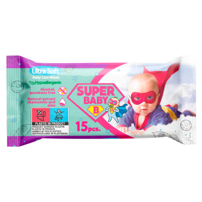 Серветки вологі SuperPack fresh, ромашка та алоє, 15шт., Super Baby