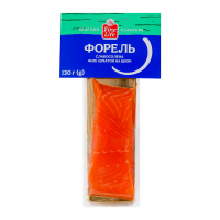 Форель Fine Life філе-шматок на шкірі слабосолена 130г. Склад: риба - форель (Oncorhynchus mykiss, вирощена в умовах аквакультури в Норвегії), сіль кухонна. Енергетична цінність продукту: 847.3кДж/100