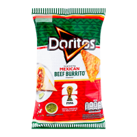 Чипси кукурудзяні Doritos зі смаком мексиканського буріто з яловичиною 90г. Склад: кукурудза (76%), олія ріпакова (олія ріпакова, антиоксиданти (екстракти розмарину, аскорбінова кислота, багатий токоф