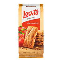 Печиво Roshen Cake Cookies Lovita здобне з полуничною начинкою 168г. Склад: борошно пшеничне, начинка полунична 33% (цукор, патока, вологоутримуючий агент гліцерин, пюре яблучне, желюючий агент пектин