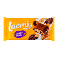 Шоколад Lacmi Crumble-bumble молочний з молочною начинкою кукурудзяними пластівцями та печивом 83г. Склад: цукор, олії рослинні (пальмова, пальмоядрова), молоко сухе незбиране, какао-масло, пластівці