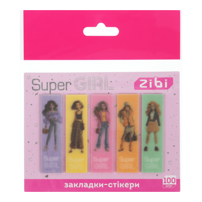 Закладки блискучі SUPER GIRL, з клейким шаром, 55x15 мм, 5 диз. по 20 арк.