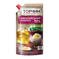 Майонез Торчин Європейський 72% 520г. Склад: олія соняшникова рафінована дезодорована (71.4%), вода питна, оцет спиртовий, жовток яєчний ферментований сухий, сіль кухонна, зерно гірчиці (0.4%) (білої