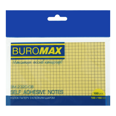 Блок для нотаток з клейким шаром 100х150 мм, 100 аркушів,клітинка, жовтий