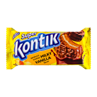 Печиво-сендвіч Konti Super Kontik молочний ванільний смак 90г. Склад: борошно пшеничне першого сорту, цукор, замінник какао масла нетемперований лауринового типу (гідрогенізоване пальмове масло, емуль