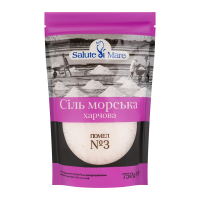 Сіль морська Salute di Mare харчова помел №3 750г. Склад: сіль морська харчова, помел №3. Умови зберігання: за відносної вологості повітря не більше 75%. Сухе, чисте місце. Термін придатності: 2 роки.