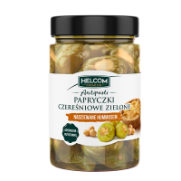Helcom Перец зелений фарширований хумусом в олії 0.327л. Пастеризований продукт. Без лактози*. * Порівняно з аналогічними продуктами з сирною начинкою, доступними на ринку. Дата (краще спожити до кінц