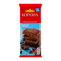 Шоколад Корона молочний 85г. Склад: цукор, какао терте, какао-масло, молоко сухе незбиране, сироватка суха молочна, жир молочний, молоко сухе знежирене, емульгатори (лецитин соєвий, Е476), ароматизато