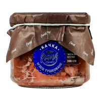 М`ясо качки Frank тушковане 330г. Склад: м`ясо качине 86.5% (закладка сировини до стерилізації), сіль кухонна, перець чорний горошок, желатин харчовий, чебрець сушений, розмарин сушений, мускатний гор
