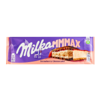 Шоколад Milka Mmmax молочний з начинкою зі смаком чізкейку, полуничною начинкою та печивом 300г. Склад: цукор, олія пальмова, борошно пшеничне, молоко сухе знежирене, какао-масло, сироп глюкозний, как