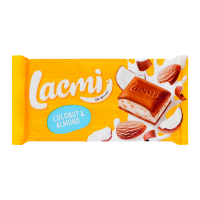 Шоколад Lacmi Coconut&Almond молочний з мигдалем кокосовим кремом та рисовими кульками 84г. Склад: цукор, олії рослинні (пальмоядрова, пальмова), какао-масло, молоко сухе незбиране, какао терте, ядра