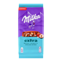 Milka Шоколад Екстра молочний з мигдалем, фундуком та шматочками кокосового печива 18 x 130г. Склад: цукор, какао-масло, молоко сухе знежирене, какао терте, сироватка суха молочна, фундук обсмажений п