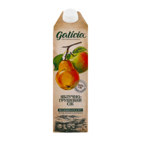 Сік Galicia яблучно-грушевий неосвітлений 1л. Склад: сік яблучний (50%), сік грушевий (50%). Калорійность на 100мл продукту: 168 кДж (40 ккал). Поживна цінність на 100мл продукту: білки - 0.4г, вуглев