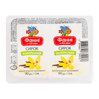 Фанні Сирок ванільний термізований ароматизований 15% 2*90г/уп. Склад: сир кисломолочний (75.12%), цукор (12%), масло солодковершкове (11.88%), ванільний цукор (1%). Енергетична цінність продукту: 996