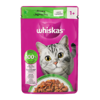 Корм вологий Whiskas для дорослих котів з ягням в желе 85г. Склад: м`ясо та продукти тваринного походження (35%, включаючи 4% ягняти в шматочках), злаки, мінеральні речовини, продукти рослинного поход