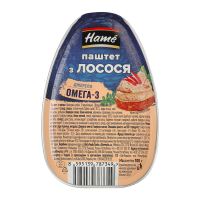 Паштет Hame з лосося 100г. Склад: лосось атлантичний (Salmo salar) 35%, вода питна, олія ріпакова, добавки (борошно соєве, білки молочні, крохмаль гороховий, сіль кухонна, загущувач: гуарова камедь, б