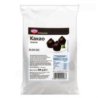 Какао Dr.Oetker Professional темне 500г. Склад: какао-порошок (22% какао-масла). Калорійність на 100г продукту: 350 ккал (1489 кДж). Поживна цінність на 100г продукту: білки - 20г, жири - 0.3г, вуглев