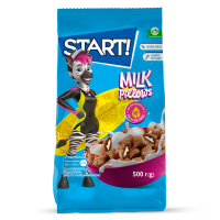 Подушечки Start! з молочною начинкою 500г. Склад: пшениця, крупа вівсяна, крупа кукурудзяна, цукор, какао-порошок, молоко сухе незбиране 2.6%, сіль кухонна. Начинка: цукор, олія кукурудзяна, крохмаль