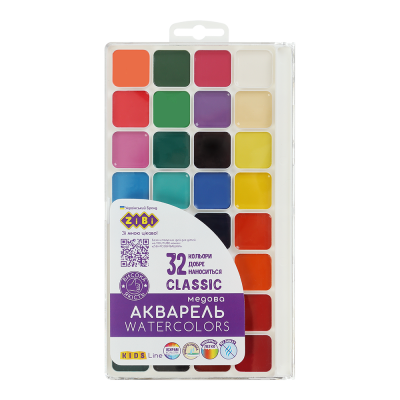 Акварель CLASSIC, 32 цвета, б/кист., пласт. корпус, KIDS Line