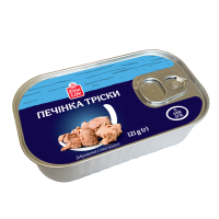 Печінка тріски ТМ «Fine Life» Рибні консерви стерилізовані. Продукт готовий до споживання. Маса нетто: 121 g (г). Склад: печінка тріски* (РИБА, Gadus morhua, виловлено в Північно-Східній Атлантиці, зо