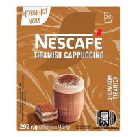 Напій кавовий Nescafe Tiramisu Cappuccino розчинний зі смаком тірамісу 14.6г. Склад: освітлювач до кави (глюкозний сироп, молоко сухе знежирене, кокосова олія, розпушувач (гідрокарбонат натрію), кисло, 20 шт.