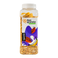 Гранола Bee Granola Тропік 500г. Склад: (20%) глюкозно-фруктозний сироп, (18%) пластівці вівсяні, (18%) пластівці ячмінні, (18%) пластівці пшеничні, (6%) цукат ананаса, (6%) банан сушений, (4%) цукат