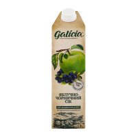 Сік Galicia яблучно-чорничний неосвітлений 1л. Склад: сік яблучний (90%), сік чорничний (10%). Калорійность на 100мл продукту: 159 кДж (37 ккал). Поживна цінність на 100мл продукту: білки - 0.5г, вугл