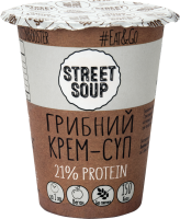 Крем-суп Street Soup Грибний 50г. Склад: сухе горохове пюре (88%), печериці сухі (4,5%), морська сіль, часник сухий, цибуля суха. Калорійність в 100г продукту: 306 ккал. Харчова (поживна) цінність у 1
