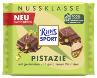 Ritter Sport Шоколад молочний з підсмаженими солоними шматочками фісташок 100г. Склад: цукор, какао терте, какао-масло, фісташки (10%), молоко незбиране сухе, лактоза, молоко знежирене сухе, молочний