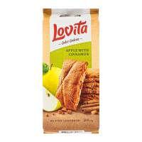 Печиво Roshen Cake Cookies Lovita здобне з яблуком і корицею 168г. Склад: борошно пшеничне, начинка яблучна 33% (цукор, вологоутримуючий агент гліцерин, пюре яблучне 15%, патока, шматочки сушених яблу