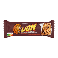 Батончик злаковий Lion з вітамінами 25г. Склад: борошно з цільнозернової пшениці 29.9% (містить глютен), глюкозний сироп, рослинні олії (соняшникова, кокосова, ши), цукор, молоко сухе знежирене 7.4%,