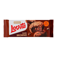 Печиво Roshen Lovita Dark brownie здобне з какао 152г. Склад: борошно пшеничне, жир рослинний (негідрогенізовані пальмова, пальмоядрова олії,повністю гідрогенізована пальмоядрова олія), цукор, меланж