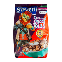 Сніданки сухі Start! Кульки зі смаком карамелі та какао зернові 500г. Склад: крупа кукурудзяна 38%, пшениця 30.5%, цукор, сироп глюкозно-фруктозний, какао-порошок зі зниженим вмістом жиру 2.7%, олія с