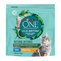 Корм сухий Purina One DualNature повнораціонний з куркою зі спіруліною для дорослих котів 1.4кг. Склад: курка (в тому числі кістки, м`ясо, шкіра) (17%), зневоднений пташиний протеїн, пшениця, ячмінь,