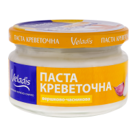 Паста Veladis креветочна вершково-часникова 160г. Склад: олія соняшникова рафінована дезодорована, питна вода, шматочки м`яса вареної креветки 22%, цукор, сіль кухонна, загущувачі (сухий яєчний жовток