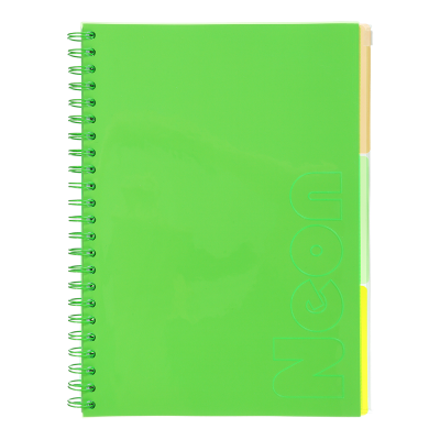 Зошит на пружині NEON, А4 (210x297), 120 арк, клітинка, 3 PVC розділювачі, PVC обкладинка, жовтий