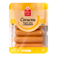 Сосиски з індичкою Fine Life 275г. Склад: сировина м’ясна 78,6 % (свинина знежилована нежирна, м’ясо індиче 27,5 %, жир курячий), вода питна, сіль кухонна, комплексна харчова добавка (глюкоза, підсилю