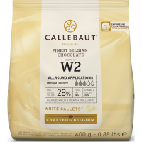 Шоколад Callebaut White callets 28% 400г. Склад: цукор, масло какао, сухе незбиране молоко, емульгатор: соєвий лецитин, натуральний ванільний ароматизатор. Калорійність на 100г продукту: 569ккал/2379к
