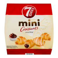 Круасани 7 Days Mini з какао начинкою 185г. Склад: борошно пшеничне, жир пальмовий, цукор, вода, какао-порошок зі зниженим вмістом жиру 2%, дріжджі, емульгатори (моно- та дигліцериди жирних кислот, еф