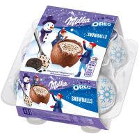 Шоколад Milka Snow balls фігурний молочний з кремовою молочною начинкою і шматочками печива Орео 4*28г/уп. Склад: цукор, рослинні жири (пальмова, пальмоядрова), молоко сухе знежирене, какао-масло, как